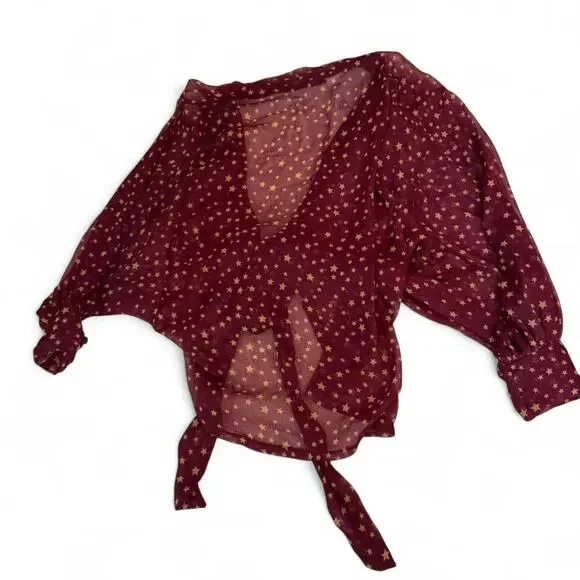 Free People Star Dazed Burgundy Gold Boho Kimono OS Festival Celestial Fairycore - Picture 2 of 8